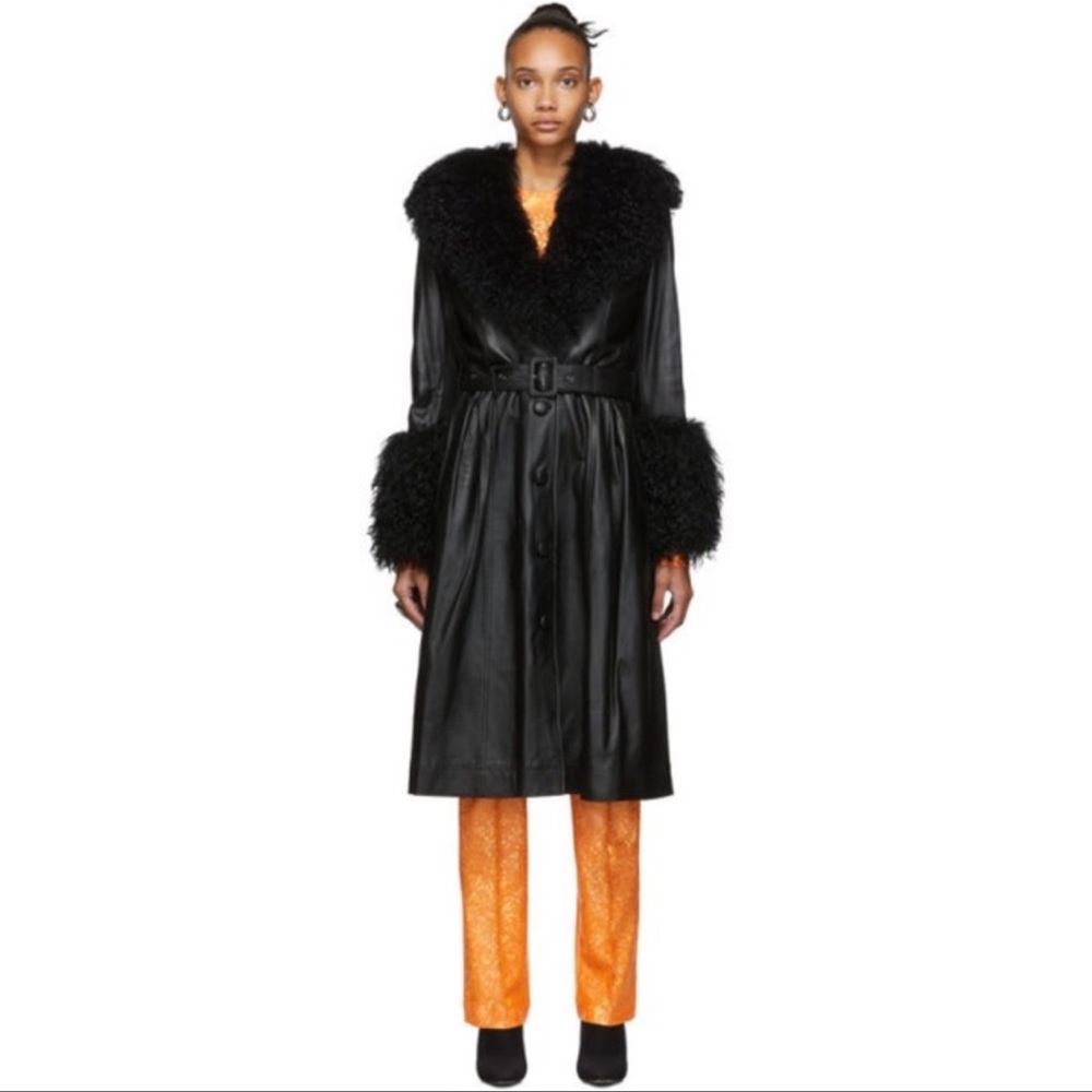 ISO Black Foxy V neck Shearling trimmed leather coat